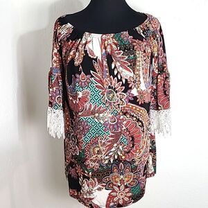 WinWin Colorful Tunic Top with Pinwheel Sleeves & Embroidered Accents Size L/XL
